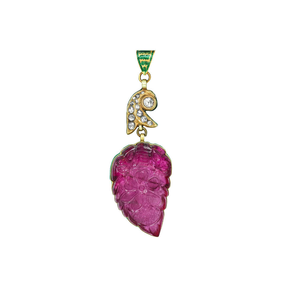 Carved Pink Tourmaline Pendant with Polki and Enamel
